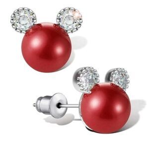 .925 Sterling Silver with Red Pearl and Cubic Zirconia Mickey Mouse Earrings